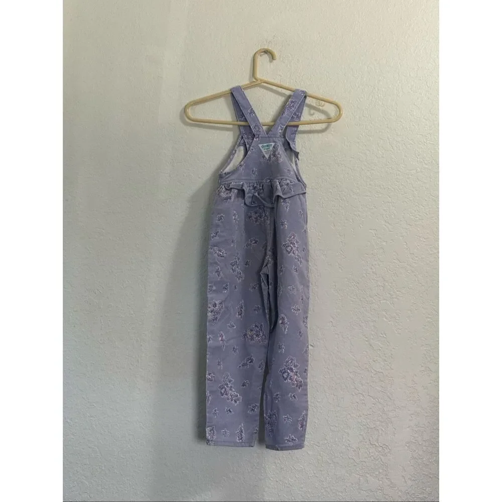 Vintage OshKosh Bgosh Girls Lavender Floral Corduroy Overalls Made in USA 6